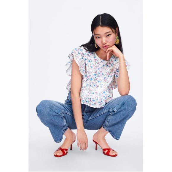 Zara Sequin Pastel Floral Ruffle Crop Top Blouse - Picture 7 of 12
